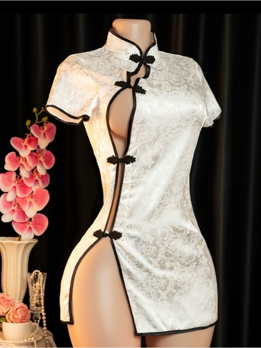 White Satin Floral Cheongsam Dress with Black Trim